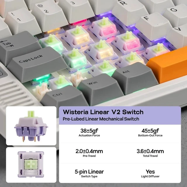 Alt view image 7 of 7 - RT85 Wireless Mechanical Keyboard with Joystick & DIY Screen | 8000mAh, BT/USB/2.4Ghz, Gasket, 5-Layer Paddings, Hot-Swap, PBT Keycap, 75% Gaming Keyboard (Retro White, Wisteria Linear)