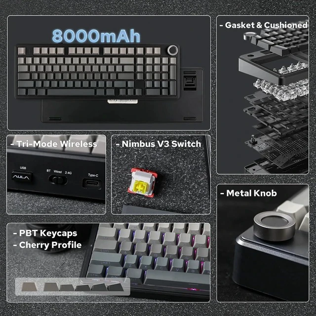 Alt view image 2 of 7 - X Aula F99 PRO Wireless Gaming Keyboard+Click Gaming Mouse Wireless 2.4Ghz/Bluetooth/Type-C