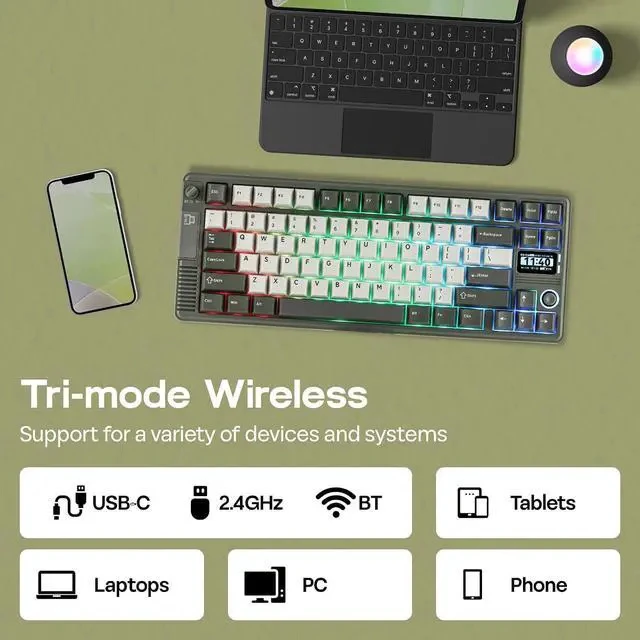 Alt view image 5 of 7 - RT85 Wireless Mechanical Keyboard with Joystick & DIY Screen | 8000mAh, BT/USB/2.4Ghz, Gasket, 5-Layer Paddings, Hot-Swap, PBT Keycap, 75% Gaming Keyboard (Army Green, Creamy Jade)