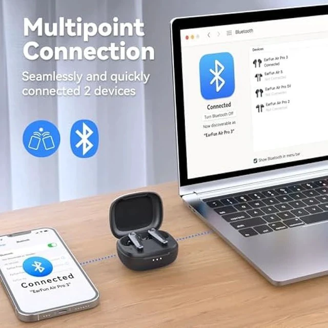 Alt view image 5 of 5 - EarFun Air Pro 3 Noise Cancelling Earbuds, Qualcomm® aptX Adaptive Sound, 6 Mics CVC 8.0 ENC, Bluetooth 5.3 Earbuds, Multipoint Connection, 45H Playtime, App Customize EQ, Wireless Charging