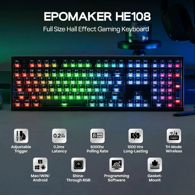 Alt view image 2 of 7 - HE108 Wireless Gaming Keyboard+NEX Pro Wireless Gaming Mouse with RGB Charging Dock