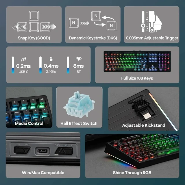 Alt view image 3 of 7 - HE108 Wireless Gaming Keyboard+NEX Pro Wireless Gaming Mouse with RGB Charging Dock