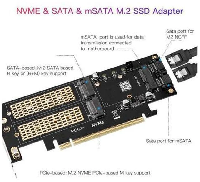 Alt view image 2 of 3 - 3 in 1 NGFF and MSATA SSD Adapter Card,M.2 NVME to PCIE/M.2 SATA SSD to SATA III/MSATA to SATA Adapter for 2280/2260