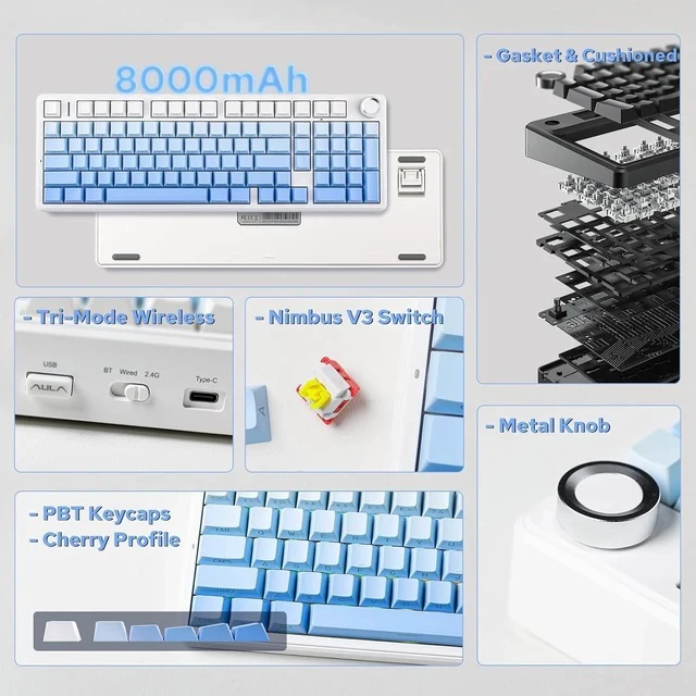 Alt view image 2 of 7 - X Aula F99 PRO Wireless Gaming Keyboard+Click Gaming Mouse Wireless 2.4Ghz/Bluetooth/Type-C