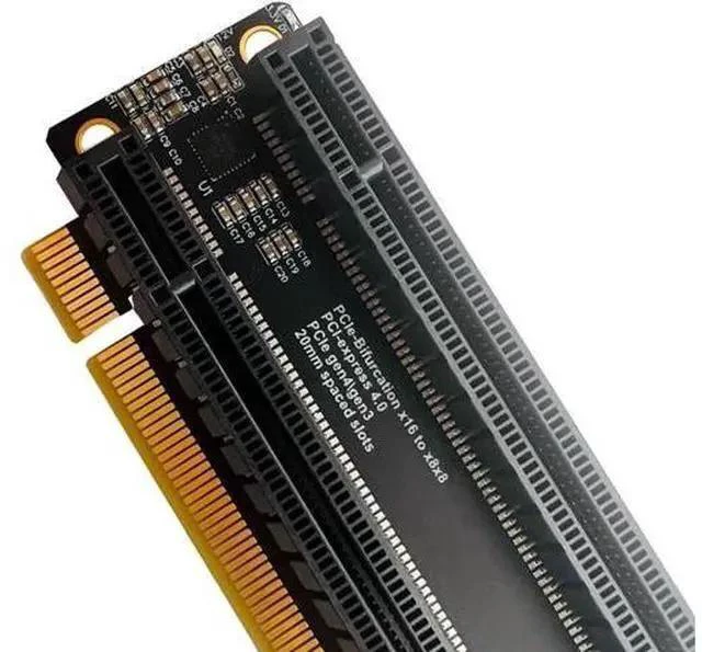 Alt view image 6 of 6 - PCI-E 4.0 x16 1 to 2 Expansion Card Gen4 Split Card PCIe-Bifurcation x16 to x8x8 with 20mm Spaced Slots CPU4P Power Supply Port (+4Pin Cable)