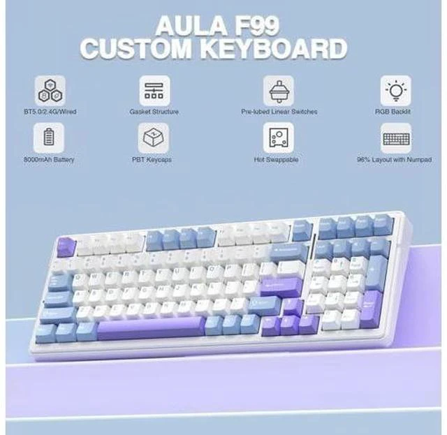 Alt view image 2 of 7 - AULA F99 Wireless Mechanical Keyboard,Tri-Mode BT5.0/2.4GHz/USB-C Hot Swappable Custom Keyboard,Pre-lubed Linear Switches,Gasket Structure,RGB Backlit Gaming Keyboard for PC/Tablet/Xbox/PS4/PS5