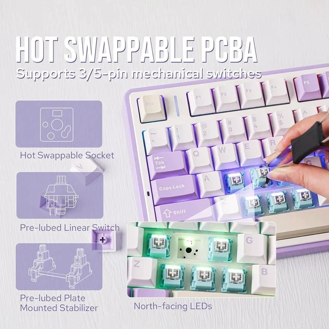 Alt view image 3 of 6 - x Aula F75 Gasket Mechanical Keyboard, 75% Wireless Hot Swappable Gaming Keyboard with Five-Layer Padding&Knob, BT/2.4GHz/USB-C, RGB (Purple, LEOBOG Reaper Switch)