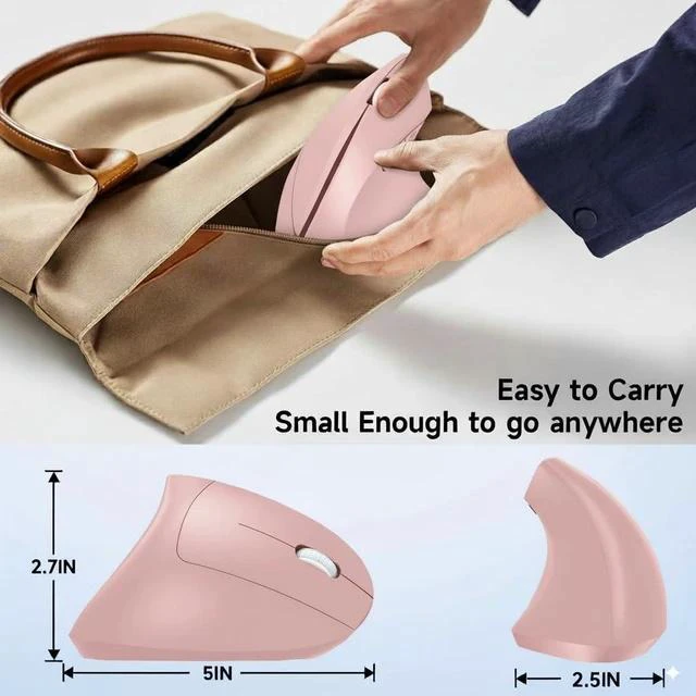 Alt view image 4 of 7 - Ergonomic Vertical Wireless Mouse Stylish Rechargeable 2.4G Optical Mice Cordless Mouse with USB Receiver, 800/1200 /1600 DPI, 5 Buttons for Laptop,PC,Mac,Computer (Pink)