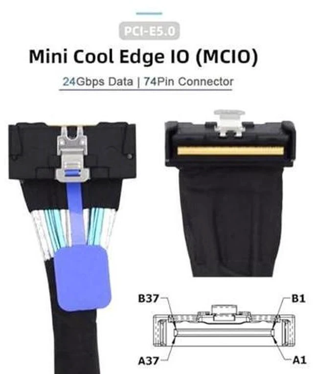 Alt view image 3 of 5 - PCI-E 5.0 Mini Cool Edge IO MCIO PCI-E MCIO 74Pin Male to Slimline SAS 8i 74Pin Male Extender Angled Cable 1.15ft