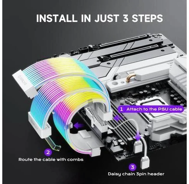 Alt view image 4 of 7 - RGB LED Strips for PSU Cables - Flexible ARGB Lighting Sleeves,Manage/Cover 8 pin PCIE/12VHPWR GPU,24 Pin ATX Power Supply Cable and Extensions,Decor PC Case,5V 3Pin SYNC
