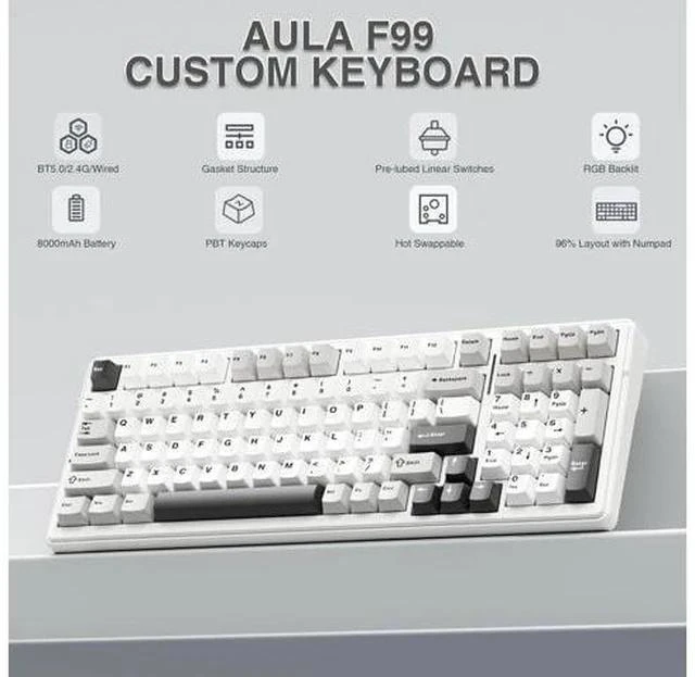 Main image of AULA F99 Wireless Mechanical Keyboard,Tri-Mode BT5.0/2.4GHz/USB-C Hot Swappable Custom Keyboard,Pre-lubed Linear Switches,Gasket Structure,RGB Backlit Gaming Keyboard for PC/Tablet/PS/XBOX