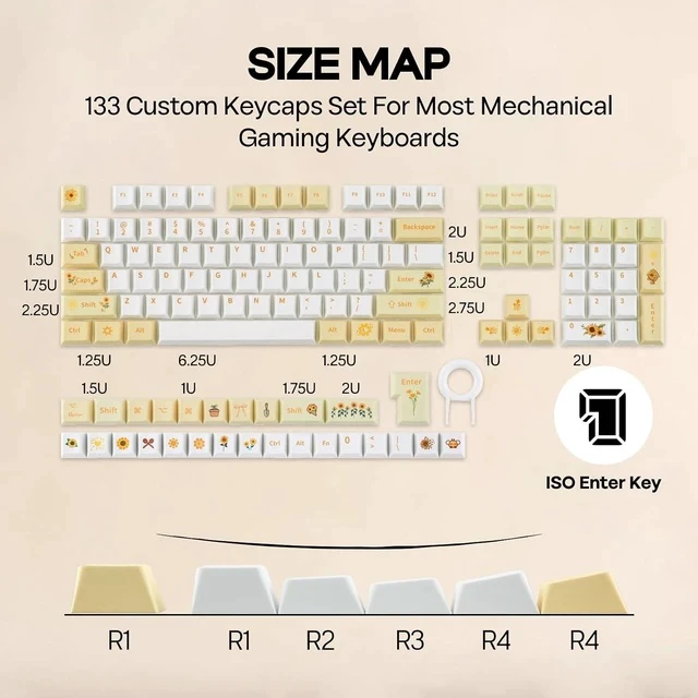 Alt view image 5 of 6 - Sunflower PBT Keycaps, 133 Keys, Cherry Profile, Dye Sublimation, ISO/ANSI Layout, 60%/75%/96%/Full Size, Custom Keyboard Keycaps Set for Mechanical Gaming Keyboard