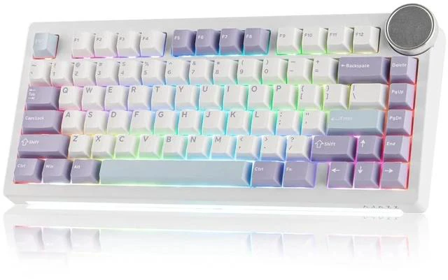 Main image of AJAZZ AK820 V2 Tri-Mode Mechanical Gaming Keyboard, Big Knob, 2.4Ghz/BT Wireless, Hot-Swap, PBT Keycap, 5-Layered Gasket, Thocky Switch, 75% Gaming Keyboard (White Purple, Coconut Cream)