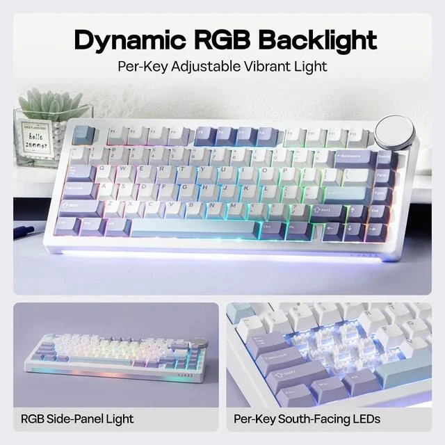 Alt view image 3 of 7 - AJAZZ AK820 V2 Tri-Mode Mechanical Gaming Keyboard, Big Knob, 2.4Ghz/BT Wireless, Hot-Swap, PBT Keycap, 5-Layered Gasket, Thocky Switch, 75% Gaming Keyboard (White Purple, Coconut Cream)