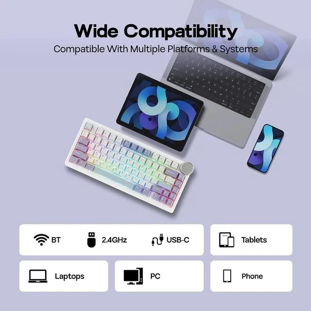 Alt view image 4 of 7 - AJAZZ AK820 V2 Tri-Mode Mechanical Gaming Keyboard, Big Knob, 2.4Ghz/BT Wireless, Hot-Swap, PBT Keycap, 5-Layered Gasket, Thocky Switch, 75% Gaming Keyboard (White Purple, Coconut Cream)