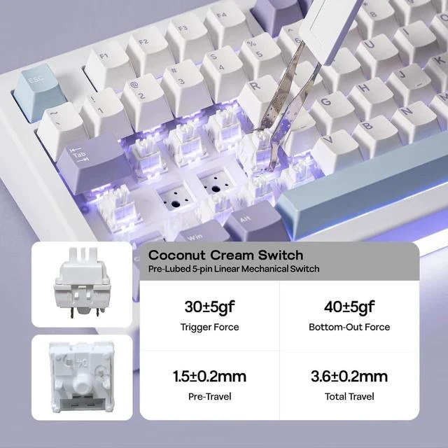 Alt view image 5 of 7 - AJAZZ AK820 V2 Tri-Mode Mechanical Gaming Keyboard, Big Knob, 2.4Ghz/BT Wireless, Hot-Swap, PBT Keycap, 5-Layered Gasket, Thocky Switch, 75% Gaming Keyboard (White Purple, Coconut Cream)