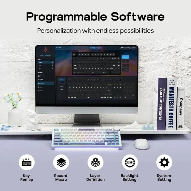 Alt view image 6 of 7 - AJAZZ AK820 V2 Tri-Mode Mechanical Gaming Keyboard, Big Knob, 2.4Ghz/BT Wireless, Hot-Swap, PBT Keycap, 5-Layered Gasket, Thocky Switch, 75% Gaming Keyboard (White Purple, Coconut Cream)