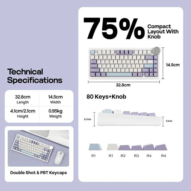 Alt view image 7 of 7 - AJAZZ AK820 V2 Tri-Mode Mechanical Gaming Keyboard, Big Knob, 2.4Ghz/BT Wireless, Hot-Swap, PBT Keycap, 5-Layered Gasket, Thocky Switch, 75% Gaming Keyboard (White Purple, Coconut Cream)