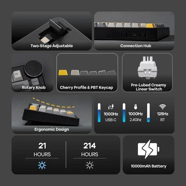 Main image of AJAZZ AK820 V2 Tri-Mode Mechanical Gaming Keyboard, Big Knob, 2.4Ghz/BT Wireless, Hot-Swap, PBT Keycap, 5-Layered Gasket, Thocky Switch, 75% Gaming Keyboard (Grey Yellow, Coconut Cream)