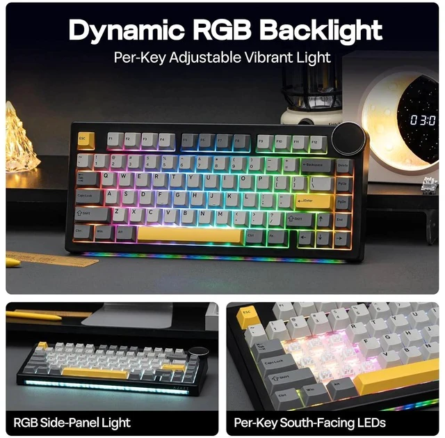 Alt view image 2 of 6 - AJAZZ AK820 V2 Tri-Mode Mechanical Gaming Keyboard, Big Knob, 2.4Ghz/BT Wireless, Hot-Swap, PBT Keycap, 5-Layered Gasket, Thocky Switch, 75% Gaming Keyboard (Grey Yellow, Coconut Cream)