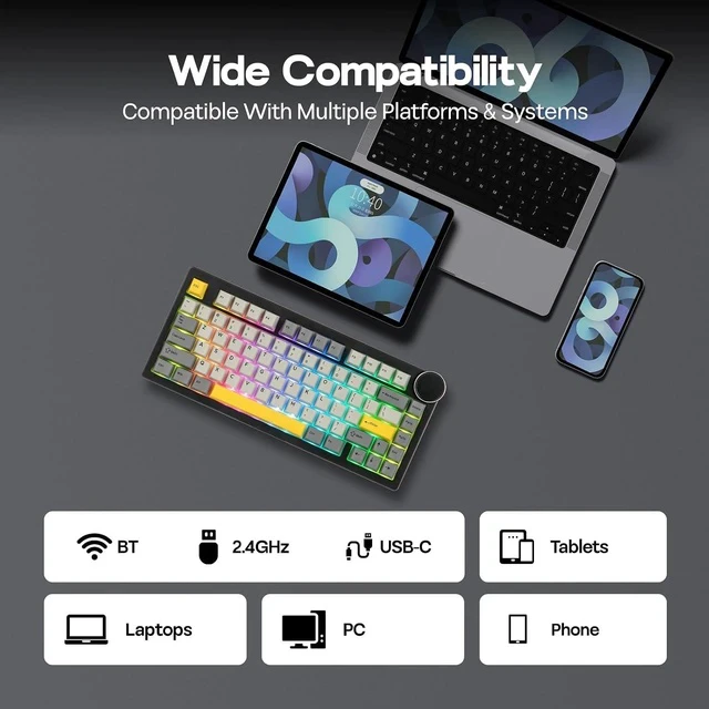 Alt view image 3 of 6 - AJAZZ AK820 V2 Tri-Mode Mechanical Gaming Keyboard, Big Knob, 2.4Ghz/BT Wireless, Hot-Swap, PBT Keycap, 5-Layered Gasket, Thocky Switch, 75% Gaming Keyboard (Grey Yellow, Coconut Cream)