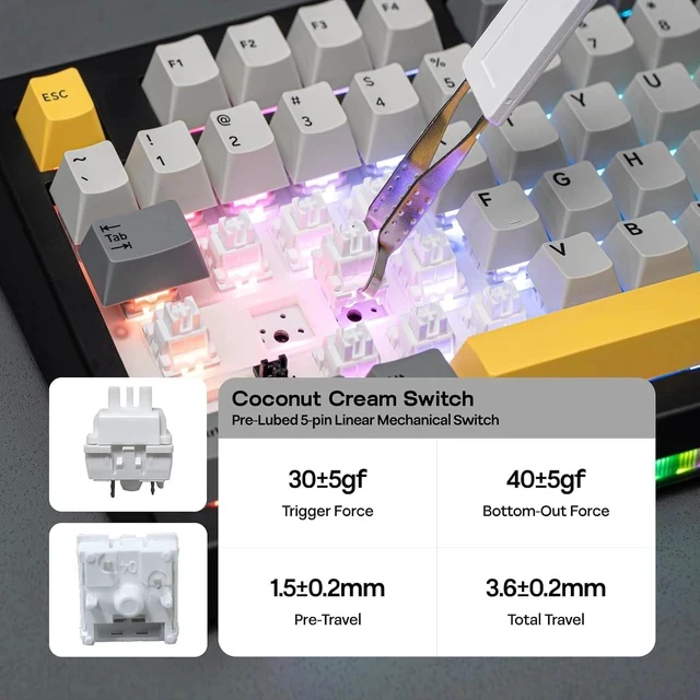 Alt view image 4 of 6 - AJAZZ AK820 V2 Tri-Mode Mechanical Gaming Keyboard, Big Knob, 2.4Ghz/BT Wireless, Hot-Swap, PBT Keycap, 5-Layered Gasket, Thocky Switch, 75% Gaming Keyboard (Grey Yellow, Coconut Cream)