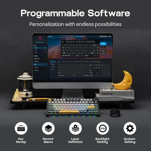 Alt view image 5 of 6 - AJAZZ AK820 V2 Tri-Mode Mechanical Gaming Keyboard, Big Knob, 2.4Ghz/BT Wireless, Hot-Swap, PBT Keycap, 5-Layered Gasket, Thocky Switch, 75% Gaming Keyboard (Grey Yellow, Coconut Cream)