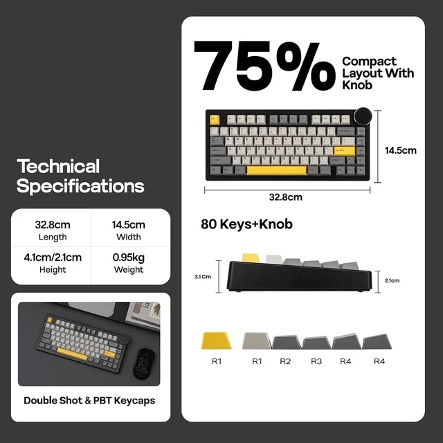Alt view image 6 of 6 - AJAZZ AK820 V2 Tri-Mode Mechanical Gaming Keyboard, Big Knob, 2.4Ghz/BT Wireless, Hot-Swap, PBT Keycap, 5-Layered Gasket, Thocky Switch, 75% Gaming Keyboard (Grey Yellow, Coconut Cream)