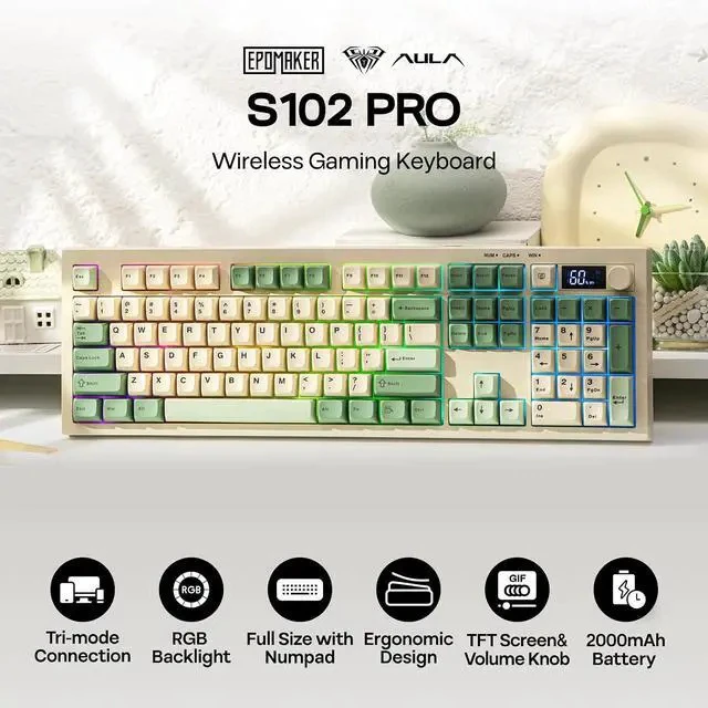 Alt view image 2 of 7 - Aula S102 PRO Membrane Gaming Keyboard with TFT Screen, Volume Knob & Number Pad, BT/2.4G/USB, RGB Backlit, Creamy Silicone Structure, Silent Keyboard for PC Game/Office (Yellow)