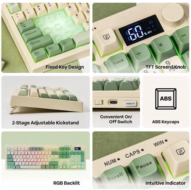 Alt view image 3 of 7 - Aula S102 PRO Membrane Gaming Keyboard with TFT Screen, Volume Knob & Number Pad, BT/2.4G/USB, RGB Backlit, Creamy Silicone Structure, Silent Keyboard for PC Game/Office (Yellow)