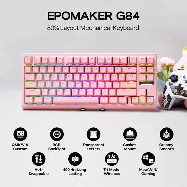 Main image of G84 80% RGB Gaming Mechanical Keyboard, 2.4GHz/ Type-C/BT Wireless Keyboard, QMK/VIA Programmable, Hot-Swappable, NKRO, with Shine Through PBT Keycaps for Gamers (Pink, Creamy Jade Switch)