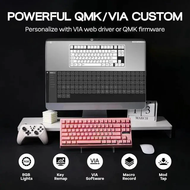 Alt view image 2 of 6 - G84 80% RGB Gaming Mechanical Keyboard, 2.4GHz/ Type-C/BT Wireless Keyboard, QMK/VIA Programmable, Hot-Swappable, NKRO, with Shine Through PBT Keycaps for Gamers (Pink, Creamy Jade Switch)