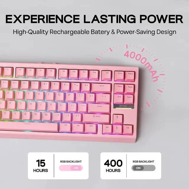 Alt view image 4 of 6 - G84 80% RGB Gaming Mechanical Keyboard, 2.4GHz/ Type-C/BT Wireless Keyboard, QMK/VIA Programmable, Hot-Swappable, NKRO, with Shine Through PBT Keycaps for Gamers (Pink, Creamy Jade Switch)
