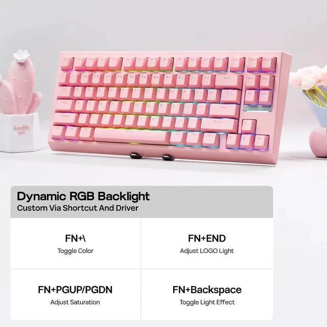 Alt view image 5 of 6 - G84 80% RGB Gaming Mechanical Keyboard, 2.4GHz/ Type-C/BT Wireless Keyboard, QMK/VIA Programmable, Hot-Swappable, NKRO, with Shine Through PBT Keycaps for Gamers (Pink, Creamy Jade Switch)