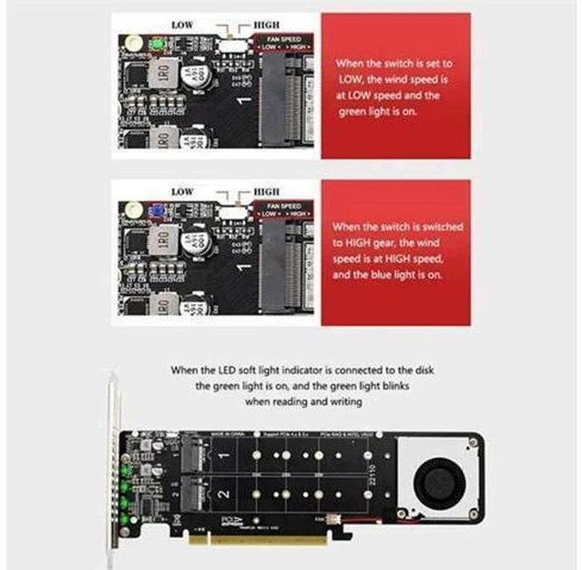 Alt view image 5 of 5 - Double-Sided 4-Disk NVME Raid PCI-E X16 Split Card PCI-E X16 To M.2 M-Key NVME X4SSD RAID Expansion Card Adapter