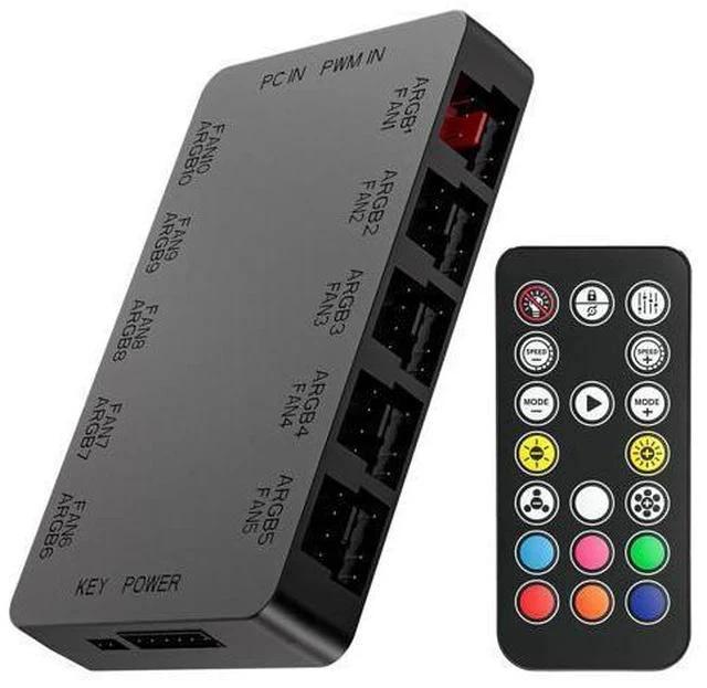 Main image of 10-Port ARGB & PWM Fan Hub Controller - Magnetic Mount 5V/3PIN RGB PC Fan Hub with Remote Control, Chassis Key Control & SATA Power - Support 10 PWM Case Fans Splitter & ARGB Lighting Devices