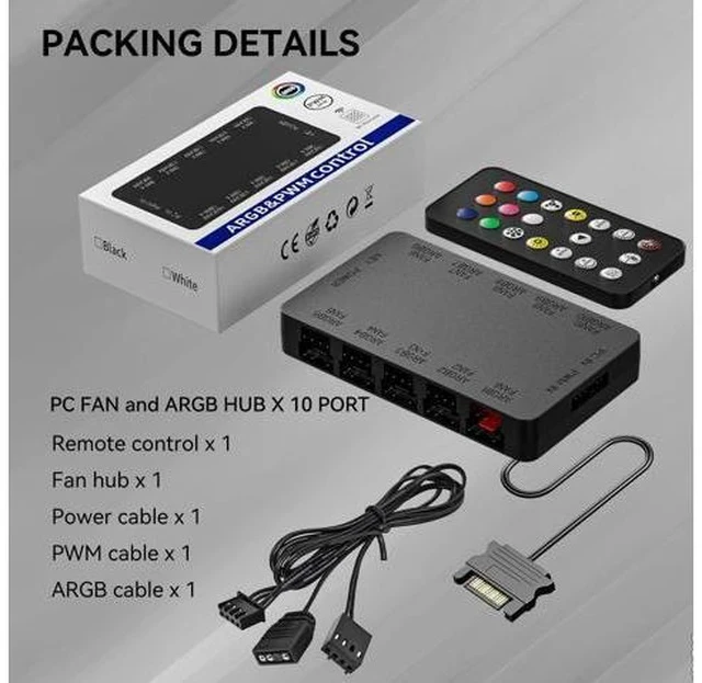 Alt view image 2 of 7 - 10-Port ARGB & PWM Fan Hub Controller - Magnetic Mount 5V/3PIN RGB PC Fan Hub with Remote Control, Chassis Key Control & SATA Power - Support 10 PWM Case Fans Splitter & ARGB Lighting Devices