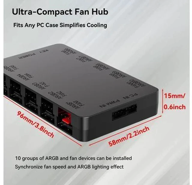 Alt view image 6 of 7 - 10-Port ARGB & PWM Fan Hub Controller - Magnetic Mount 5V/3PIN RGB PC Fan Hub with Remote Control, Chassis Key Control & SATA Power - Support 10 PWM Case Fans Splitter & ARGB Lighting Devices