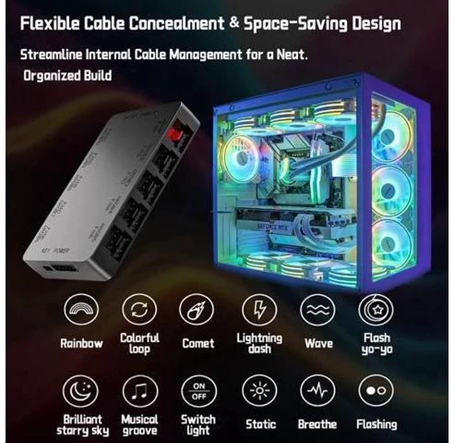 Alt view image 7 of 7 - 10-Port ARGB & PWM Fan Hub Controller - Magnetic Mount 5V/3PIN RGB PC Fan Hub with Remote Control, Chassis Key Control & SATA Power - Support 10 PWM Case Fans Splitter & ARGB Lighting Devices
