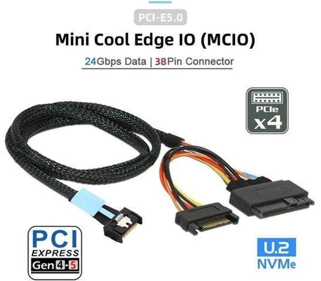 Alt view image 5 of 5 - MCIO 4x Mini Cool Edge IO to U.2 SFF-8639 NVME PCIe PCI-Express Cable for Mainboard SSD