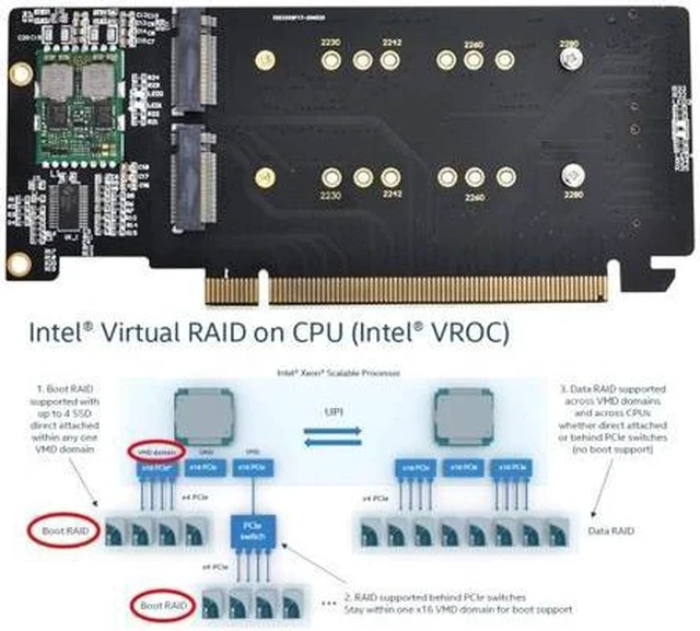 Alt view image 3 of 6 - 4X NVME M.2 AHCI to PCIE Express 3.0 Gen3 X16 Raid Card VROC Raid0 Hyper Adapter