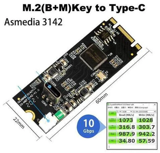Alt view image 2 of 4 - ASM3142 M.2 B+M Key to USB 3.2 Gen2 Type-C Host Controller Card - 10Gbps PCIe Expansion Riser for Desktop & Industrial PC Card+Cable+Bracket