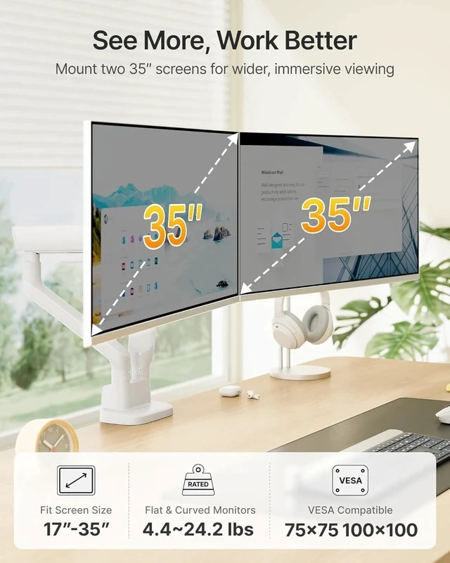 Alt view image 2 of 7 - monTEK Dual Monitor Arm, Mechanical Spring Monitor Arm for 17-35" Screens, Adjustable Monitor Desk Mount Each Holds up to 24.2 lbs with C Clamp/Grommet Desk Mount, VESA 75/100mm, MA1011WH-D