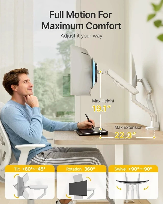 Alt view image 3 of 7 - monTEK Dual Monitor Arm, Mechanical Spring Monitor Arm for 17-35" Screens, Adjustable Monitor Desk Mount Each Holds up to 24.2 lbs with C Clamp/Grommet Desk Mount, VESA 75/100mm, MA1011WH-D