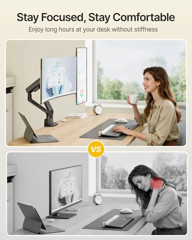 Alt view image 4 of 7 - monTEK Dual Monitor Arm, Mechanical Spring Monitor Arm for 17-35" Screens, Adjustable Monitor Desk Mount Each Holds up to 24.2 lbs with C Clamp/Grommet Desk Mount, VESA 75/100mm, MA1011BK-D