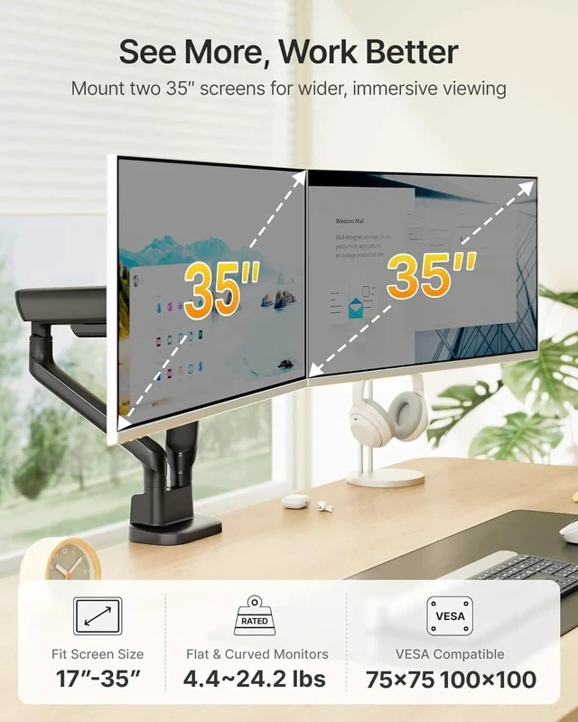 Alt view image 2 of 7 - monTEK Dual Monitor Arm, Mechanical Spring Monitor Arm for 17-35" Screens, Adjustable Monitor Desk Mount Each Holds up to 24.2 lbs with C Clamp/Grommet Desk Mount, VESA 75/100mm, MA1011BK-D