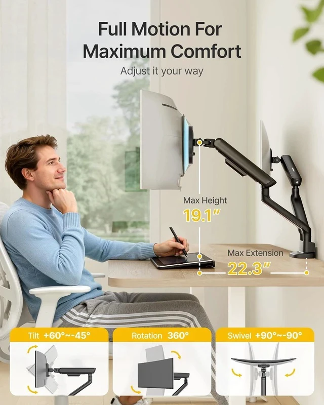 Alt view image 3 of 7 - monTEK Dual Monitor Arm, Mechanical Spring Monitor Arm for 17-35" Screens, Adjustable Monitor Desk Mount Each Holds up to 24.2 lbs with C Clamp/Grommet Desk Mount, VESA 75/100mm, MA1011BK-D