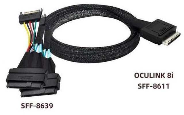 Alt view image 3 of 3 - OCuLink PCIe PCI-Express SFF-8611 8x 8-Lane to Dual SFF-8639 U.2 4x SSD Data Active Cable 50cm