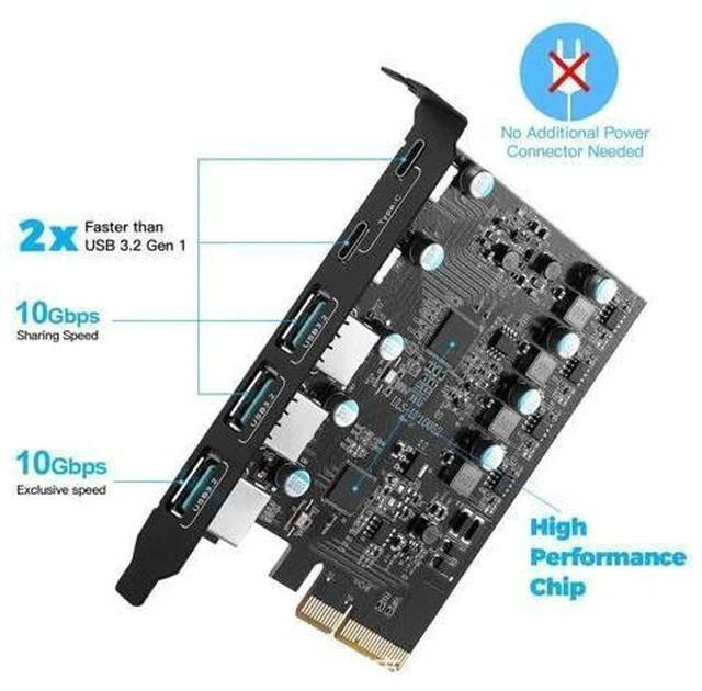 Alt view image 2 of 7 - PCIe to USB 3.2 Gen 2 Adapter Card with 20 Gbps Bandwidth 5-Port PCI Express Expansion Card Internal USB Hub PCI-E Add-on Cards Riser for Windows 10/8/7 and MAC OS 10.8.2 Above (2X USB C -3X USB A)