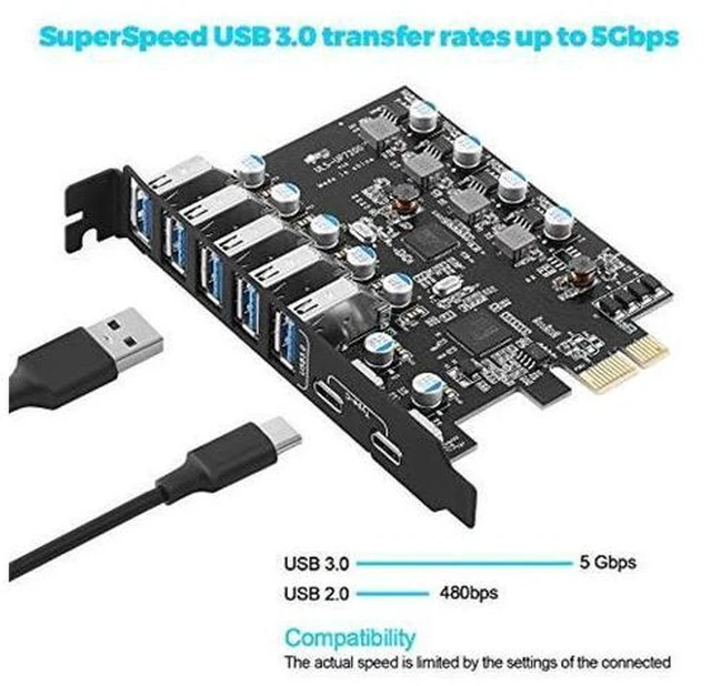 Alt view image 5 of 5 - PCI-E to USB 3.0 7-Port(2X USB-C - 5X USB-A) Expansion Card,PCI Express USB Add in Card, Internal USB3 Hub Converter for Desktop PC Host Card Support Windows 10/8/7/XP and MAC OS 10.8.2 Above